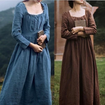2021 Femeile Medievale Victorian Rochie Retro Pătrat Guler Mâneci Lungi Cu Talie Înaltă Francez De Îmbrăcăminte Maro Albastru Temperament Rochie Lunga