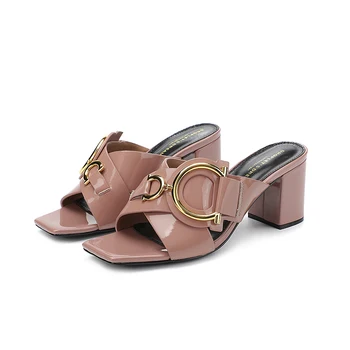 2023 Femei de Moda Toc Gros în aer liber, Papuci de Metal Decorative Gură de Pește Sandale Casual, Papuci de Plaja Brand sandale Pantofi