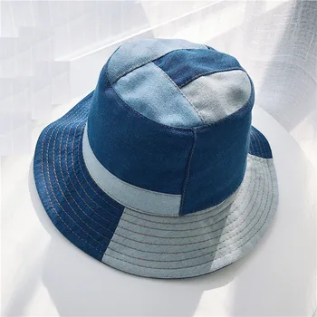 Bucket Hat pentru Femei de Vară, Pălării și Capace Mozaic Spălate Denim Găleată Pălărie Hop Solid Margine Largă de Bumbac Plaja de Pescuit Capac Panama