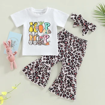 Copilul Fete Pentru Copii Haine De Paști Tinutele De Vara Scrisoare Iepurașul De Imprimare T-Shirt De Sus + Leopard Pantaloni Flare + Bandă De Vară Set