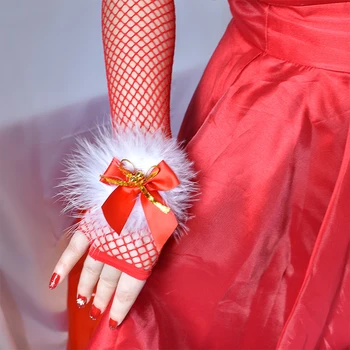 Crăciun Sexy Fishnet Mănuși Pentru Femei, Mănuși Cot Minge De Blana Bownot Gol Roșu Degete Petrecere Mănușă De Box Mănuși De Decor De Crăciun