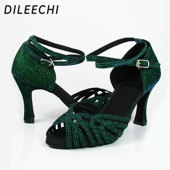 DILEECHI new Green flash latină pantofi de dans pentru adulti femei de Bal pantofi de dans Samba pantofi Sandale pentru Femei Tocuri de 6 cm 5 cm