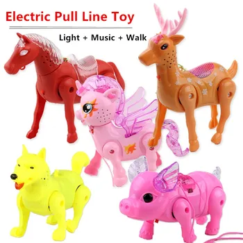 Electric Trage linie animal de jucărie Cal Unicorn Cerb, porc și Câine Cu lumina + muzica + de Mers pe jos Cu Coarda de Tracțiune Animală Jucării Pentru Chi