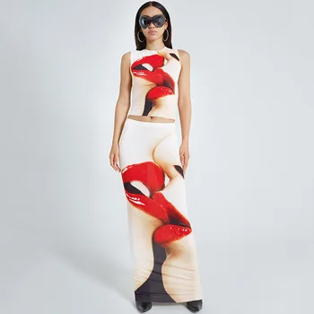 Europene și Americane explozive noua moda pentru femei fizice print, personalizate de stil de stradă înfășurat în piept subțire lung fusta set