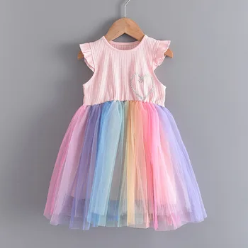Fata Rochie De Vara Noi Rainbow Plasă De Fire Rochie Copii Îmbrăcăminte Fără Mâneci Toddler Copii Princess Rochii De Moda Haine De Fata