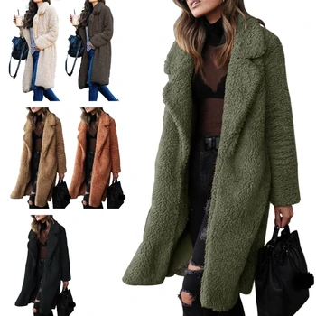 Femei 2023 Iarna Fuzzy Fleece Jachete Rever Deschis Fata Cardigan Jachete Paltoane Îmbrăcăminte De Culoare Solidă Dropship