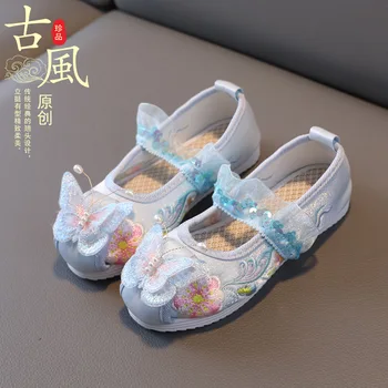 Fete Pantofi Plat pentru Copii lucrate Manual Pantofi Brodate Design Nou Stil Chinezesc Flori Fluture pentru Copii spectacol de Dans Pantofi