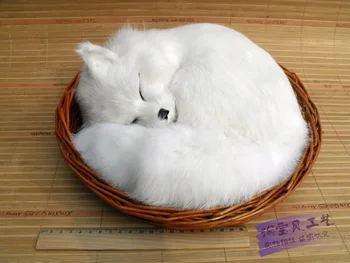 mare simulare de vulpe albă jucărie de plastic&blană frumoasă de dormit fox într-un coș papusa cadou 27x12cm