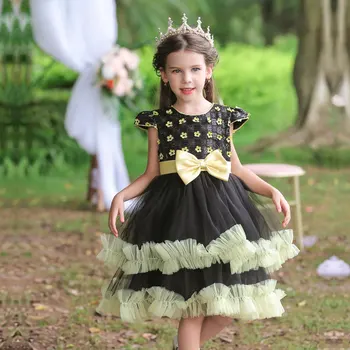 Moda Arc Rochie de Petrecere pentru Copii Fata de Dantelă Maneca Scurta Fete Rochii pentru Petrecere si de Nunta de Fete de Vară Rochii de Partid 4-12 ani
