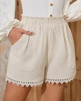 Tinutele de vara pantaloni Scurți pentru Femei 2023 Solid de Cusut Dantelă Patch-uri de Design Cutat pantaloni Scurți cu Talie Elastic Buzunar Design shorts pentru femei