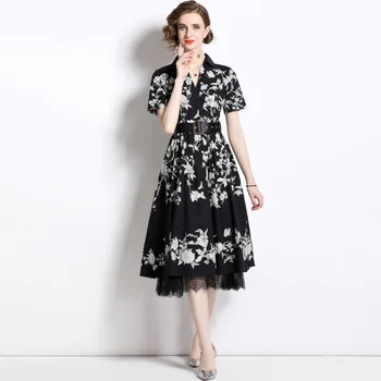 Tipărite little black dress 2023 vara noi retro elegant slim talie mare maneci scurte rochie de cusut fusta dantelă. rochie de vara